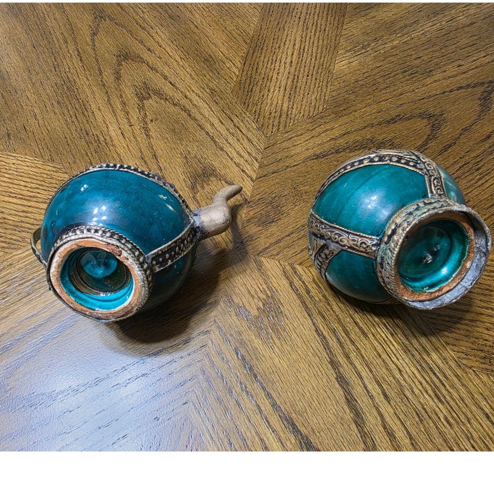 Vintage Moroccan Teal Ceramic Metal Filigree Teapot and Lidded Jar Set 2 Piece - Picture 6 of 9